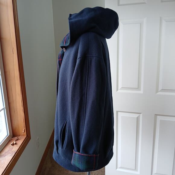 Herman Kay Wool Hooded Bib Jacket 16 Vintage 90s? warm coat navy plaid lined - Picture 2 of 13